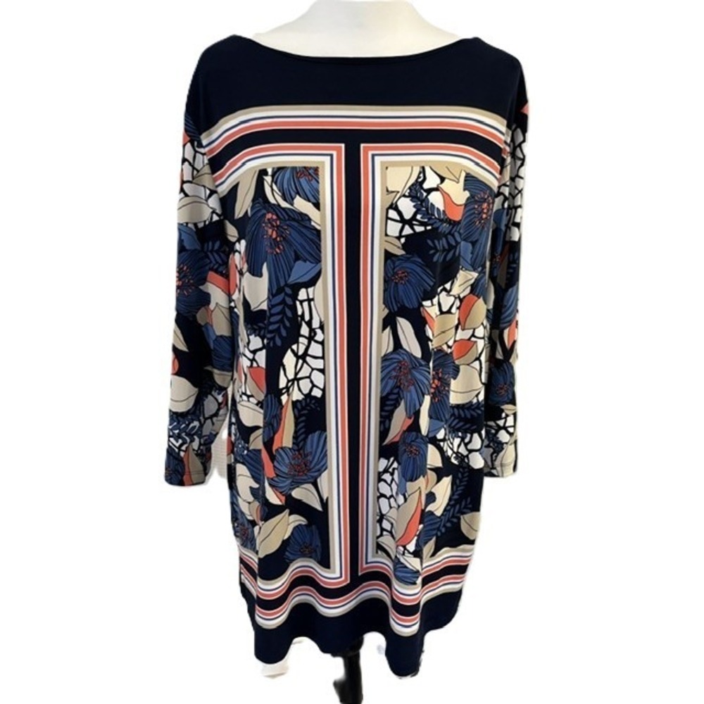 JM Collection Tunic Top Women XL Navy Blue Floral 3/4 Sleeve Excellent